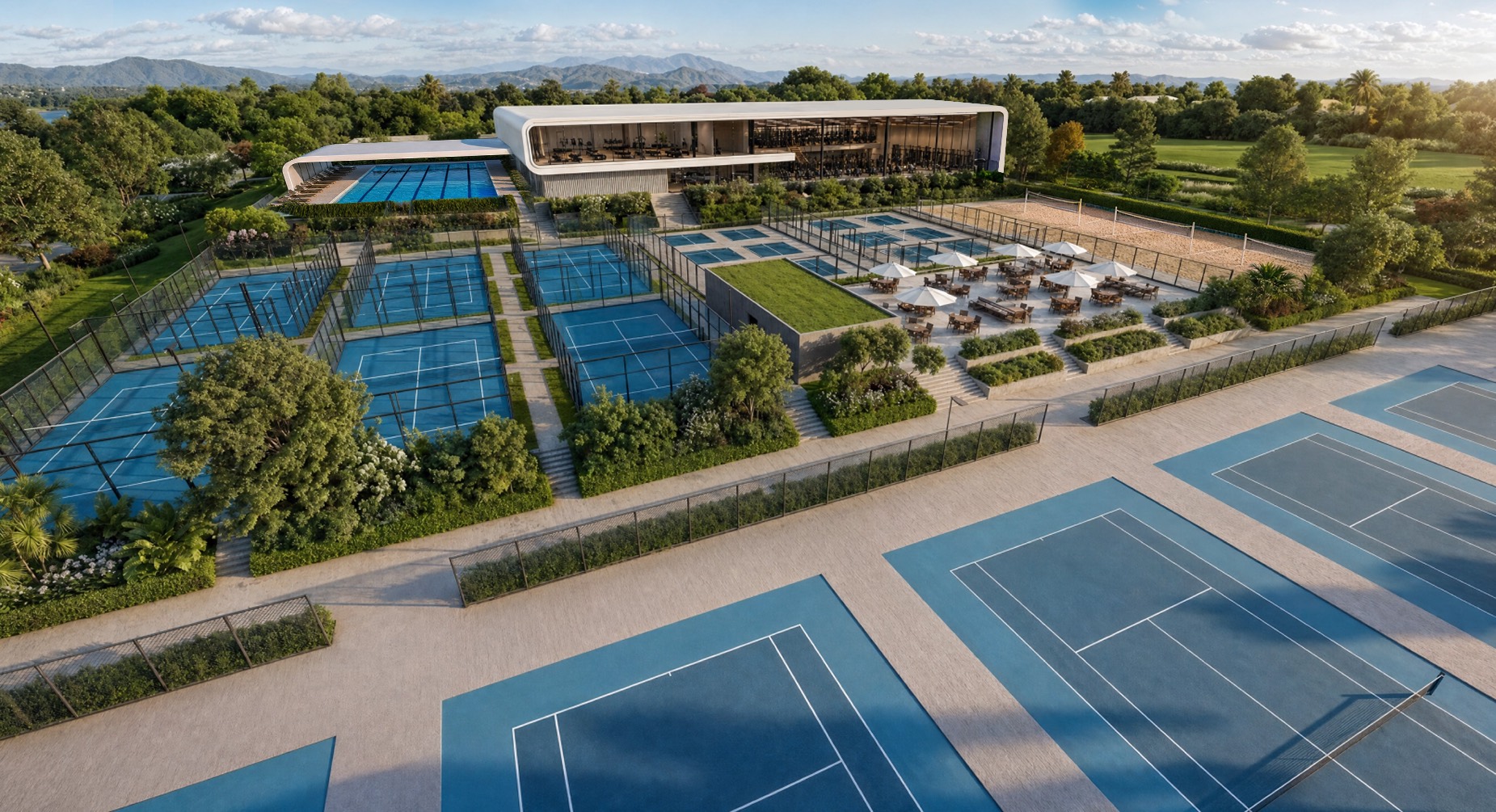 Aerial view of the Pure Athletics Club campus: racket courts, a pool deck and a low-slung glass clubhouse surrounded by trees.